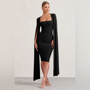 Black Midi Dress with Cape Sleeves